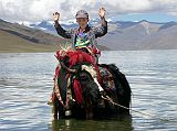 Tibet 05 02 Peter Ryan on a Yak in Yamdrok Tso When we got down to lake, Peter and I threw and skipped some rocks on the Yamdrok Tso Lake (4441m), the third largest in Tibet. Pete did his best bronco busting pose atop a yak in the lake.